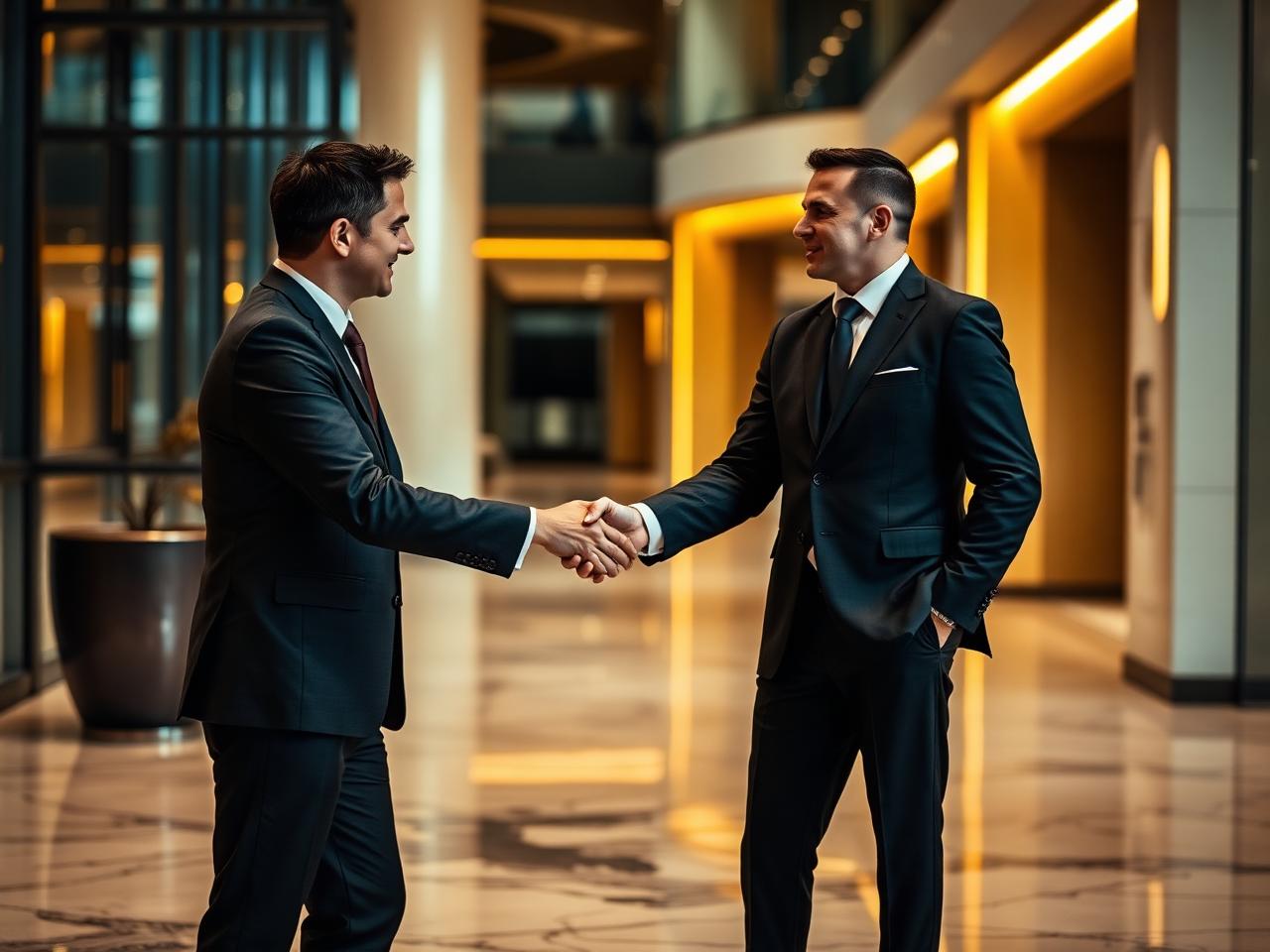 Business executives shaking hands in a modern lobby